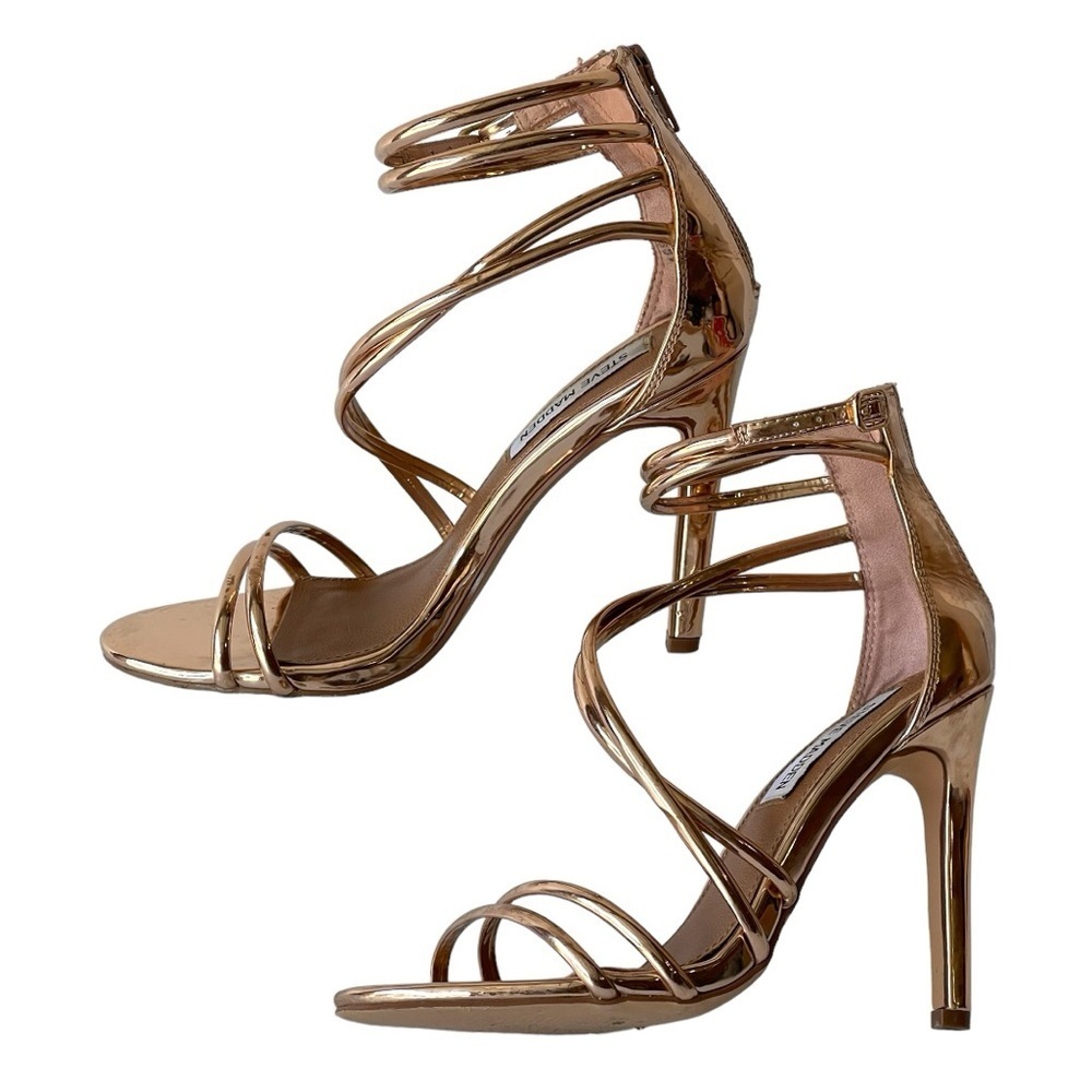 Steve Madden Women's Rose Gold Heels Sandals Strappy Shiny Leather Fico, Sz 6